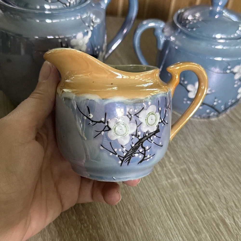 Vintage Cherry Blossom Teapot, Sugar, Creamer set, Made in Japan —Lusterwear